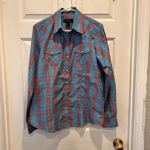 Cowgirl Legend‎ Western Women Shirt Plaid Pearl Snap Sz XL Metallic Rodeo